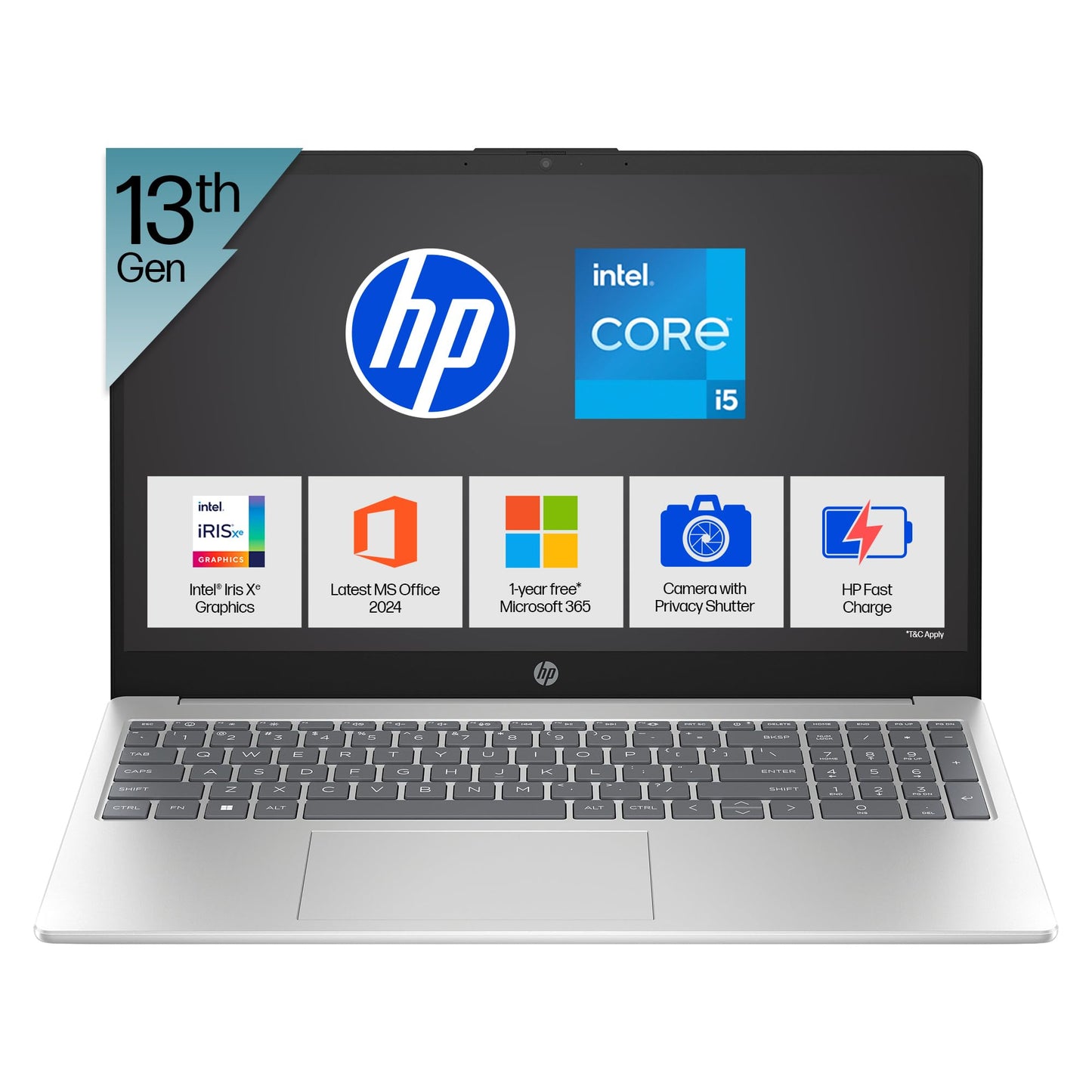 HP 15, 13th Gen Intel Core i5-1334U Laptop (16GB DDR4,512GB SSD) Anti-Glare, Micro-Edge,15.6''/39.6cm, FHD, Win11,M365,Office24, Silver,1.59kg, Iris Xe Graphics,FHD Camera w/Privacy Shutter, fd0577TU