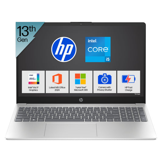 HP 15, 13th Gen Intel Core i5-1334U Laptop (16GB DDR4,512GB SSD) Anti-Glare, Micro-Edge,15.6''/39.6cm, FHD, Win11,M365,Office24, Silver,1.59kg, Iris Xe Graphics,FHD Camera w/Privacy Shutter, fd0577TU
