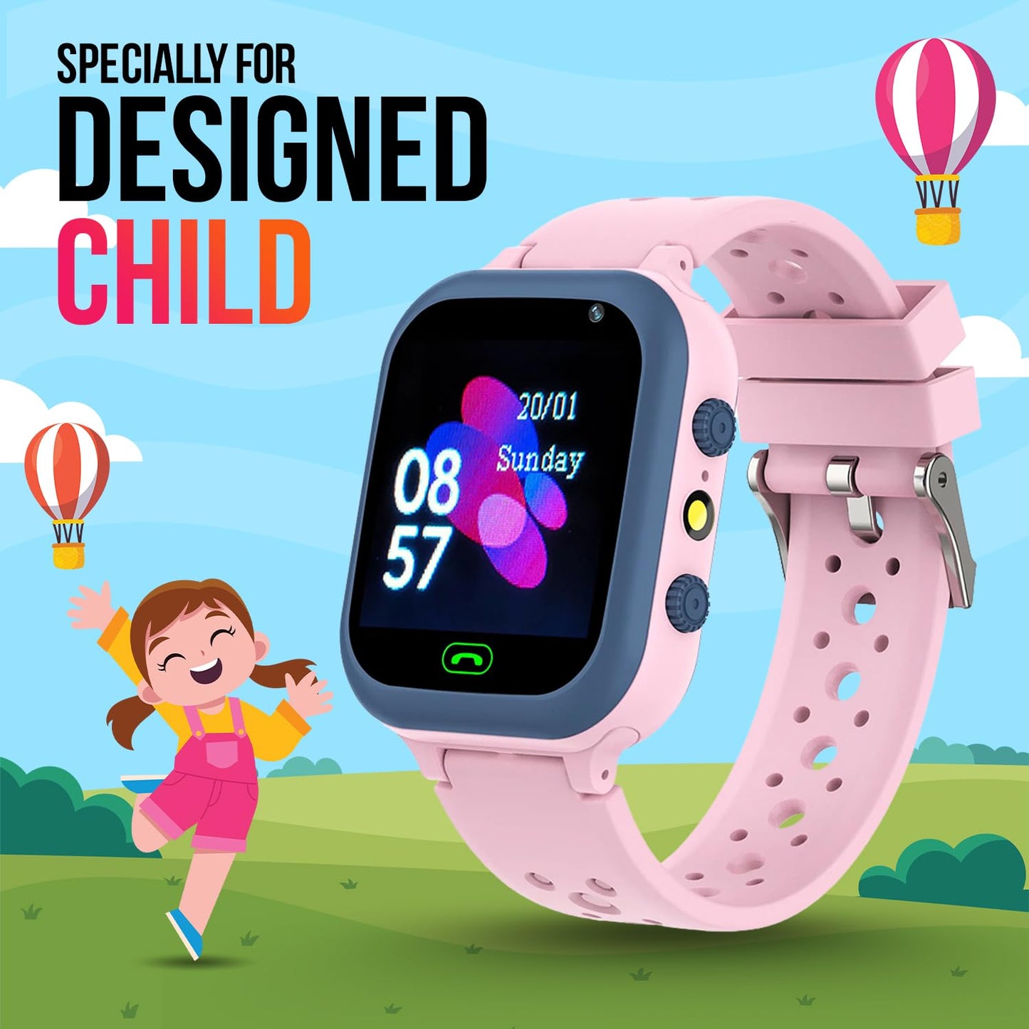 PunnkFunnk Kids Smart Watch 1.44" TFT Display, 4G Sim Card Phone with Long-Lasting Voice Call, Kids GPS, Music Player, Alarm Clock, Games, & IP67 Waterproof(Pink)(Made by MELBON)