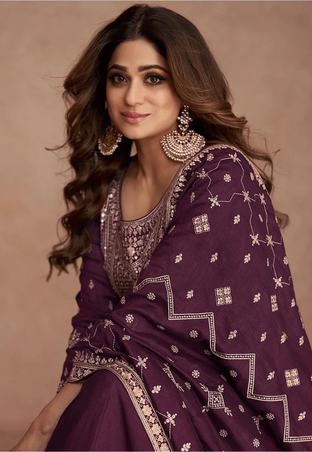 Anarkali Gown with Dupatta Set for Women, Chinon Fabric || Ethnic Gown (in, Alpha, 3XL, Regular, Dark Purple)