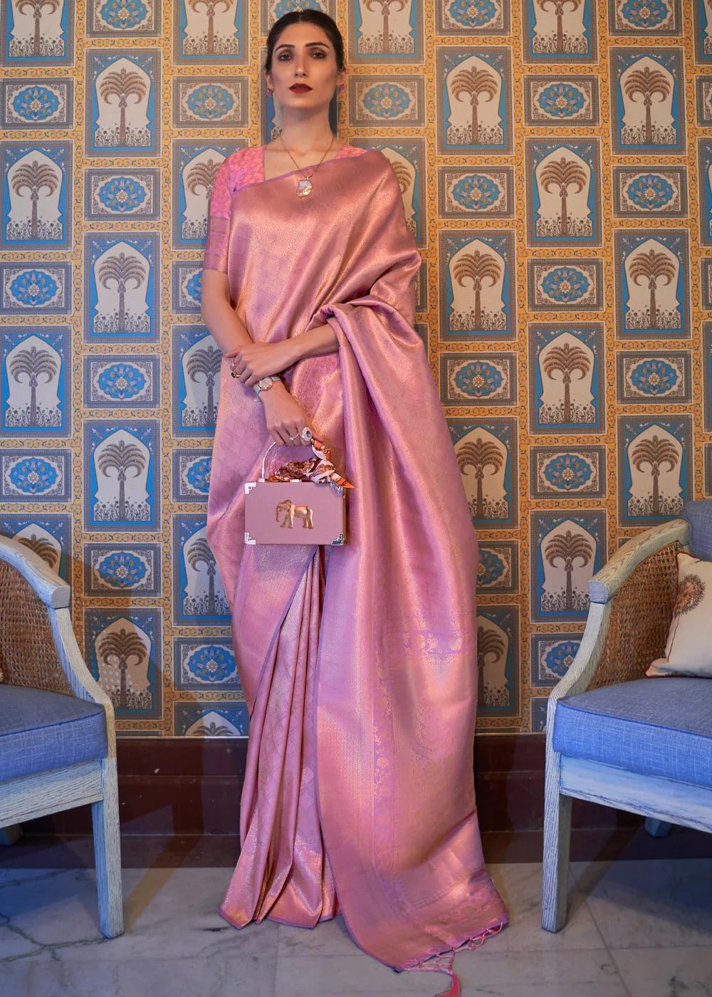 SWORNOF Womens Kanjivaram Silk Saree with Zari Woven Saree With Blouse Piece (PINK-2)