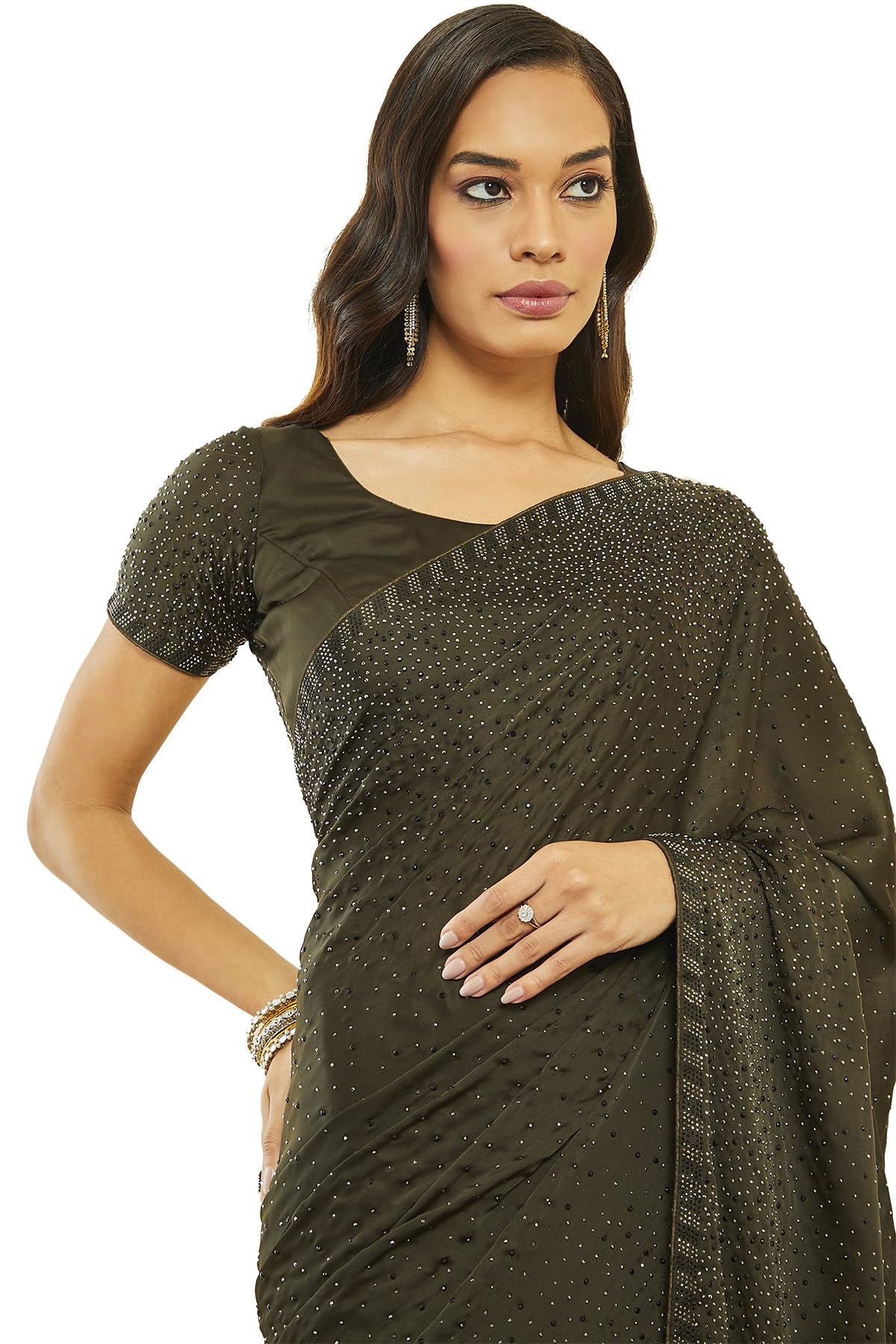 Soch Women Dark Green Pure Crepe Solid Saree