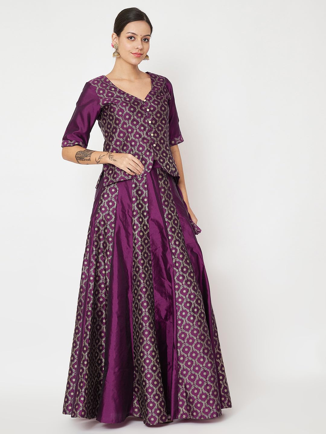 studio rasa Women's Silk Blend Block Printed Kalidaar Lehenga Set for Wedding Festive Party (LHSC52401XL_Purple_X-Large)