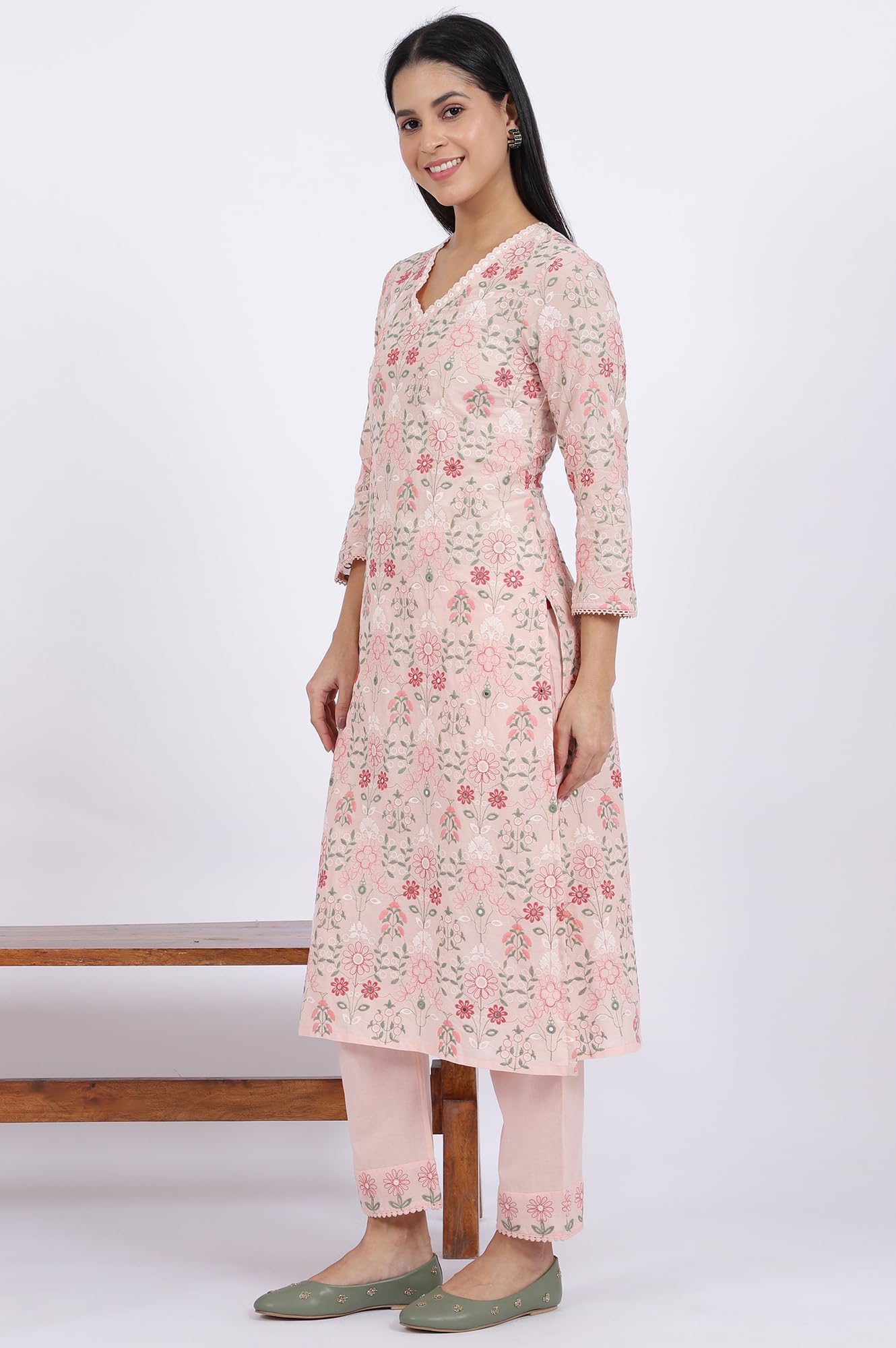 W for Woman Embroidered Lace Pure Cotton Straight Kurta & Straight pant with Dupatta Set (Size: M)-WS12421-400788