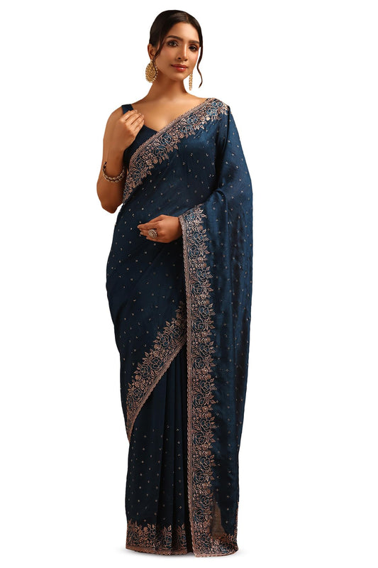 Soch Womens Blue Tussar Embellished Saree With Stone Work