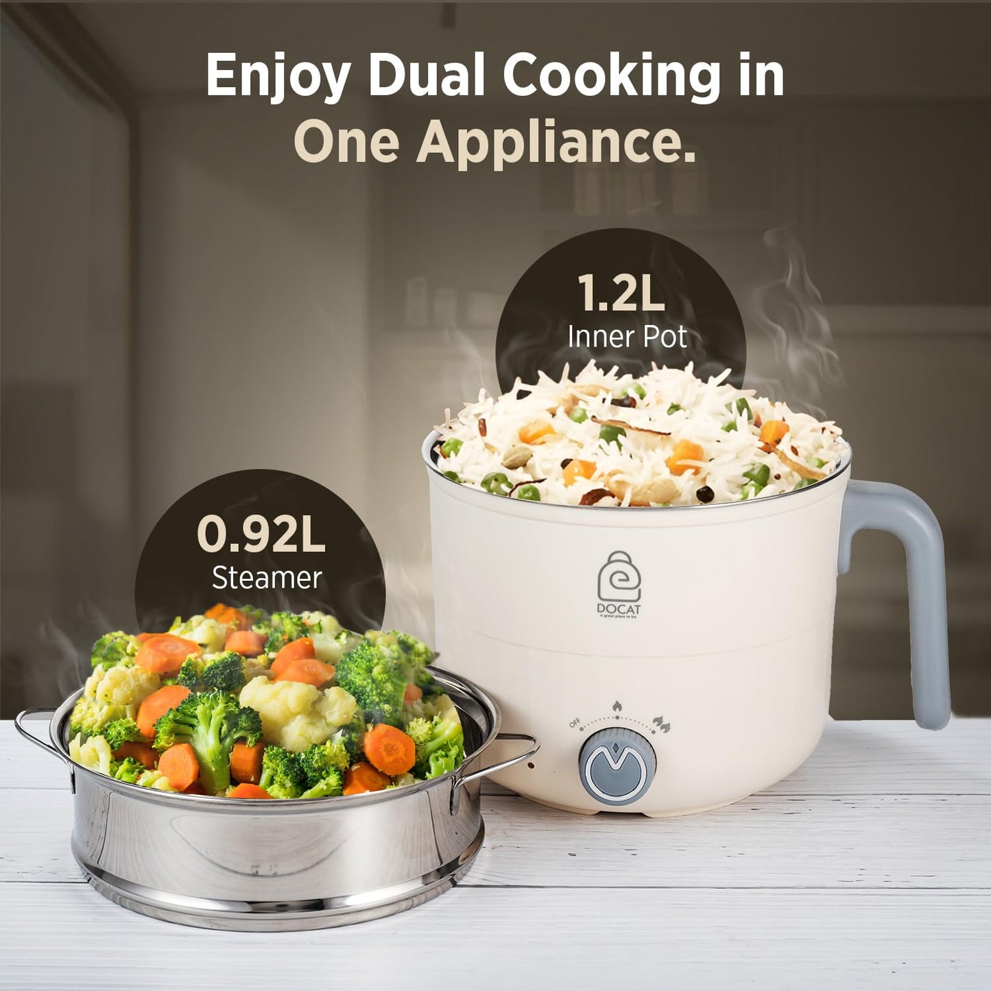 DOCAT Multi Cook Electric Kettle with Steamer 1.2 Liters Stainless Steel Non-stick Inner Pot, Adjustable Power Mode, Wide Mouth, Ideal for Boiling Milk, Tea, Coffee, Eggs & Steaming Veggies, 600 Watts