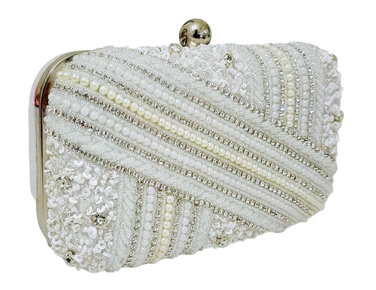 DUCHESS Women's Girl's Pearl Beaded Box Clutch for Wedding (Silver)