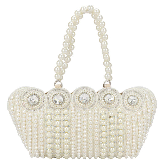 LONGING TO BUY Women's Small Cutest Vintage Style Pearl Tote Wrist Bag Evening Clutch Purse, White