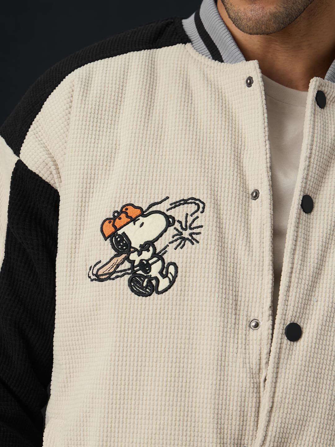 The Souled Store Peanuts: Happy Days Men and Boys Full Sleeves Mandarin Collar Light Beige Typography Embroidered Polyester Oversized Fit Lightweight Everyday Bomber Jacket