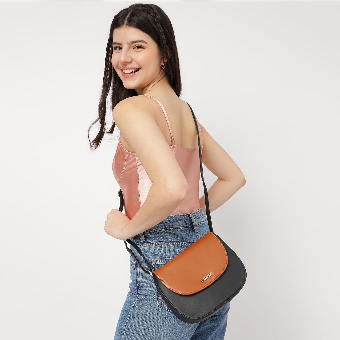 Fastrack Double Compartment Sling Bag For Women | Faux Leather Sling Bag With Magnetic Button Closure | Adjustable Shoulder Strap | Trendy Crossbody Bag For Girls | Trendy Handbags, Tan