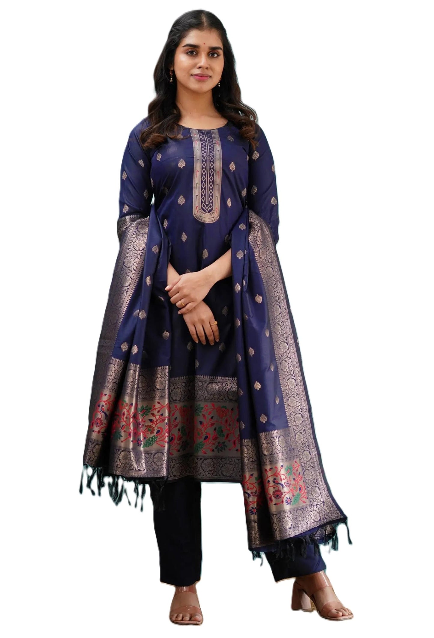 Leeli Peeri Designer Women's Art Silk Woven Zari Work Straight Kurta With Pant and Dupatta