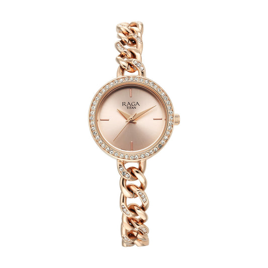 Titan Raga Round Shaped Rose Gold/Copper Dial Women Watch with Brass Strap