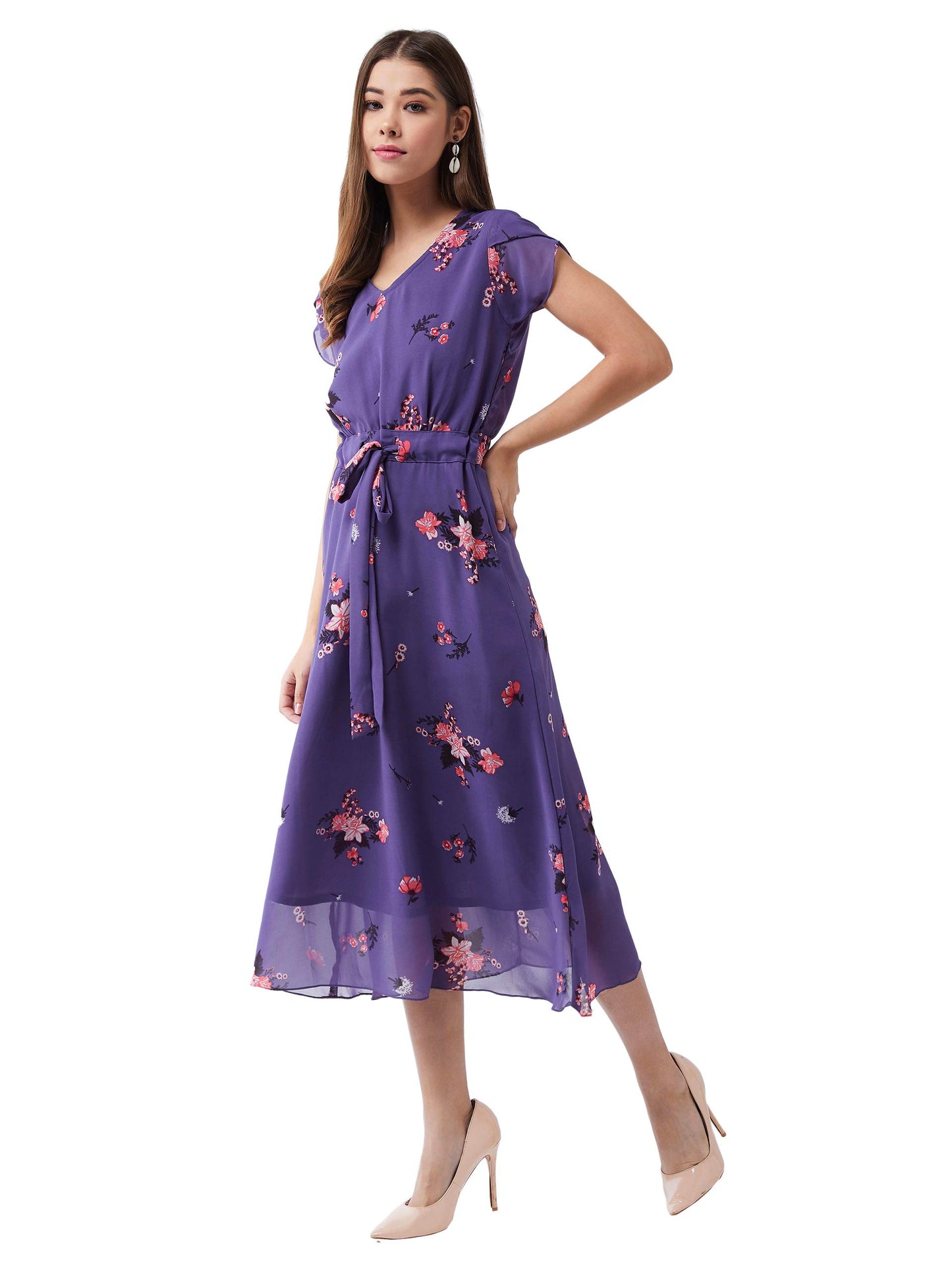 Miss Chase Women's Multicolored Base Lavender V-Neck Short Sleeved Floral Pleated Midi Dress (MCSS19D12-95-190-08, Multicolor-Base Purple, XXXL)