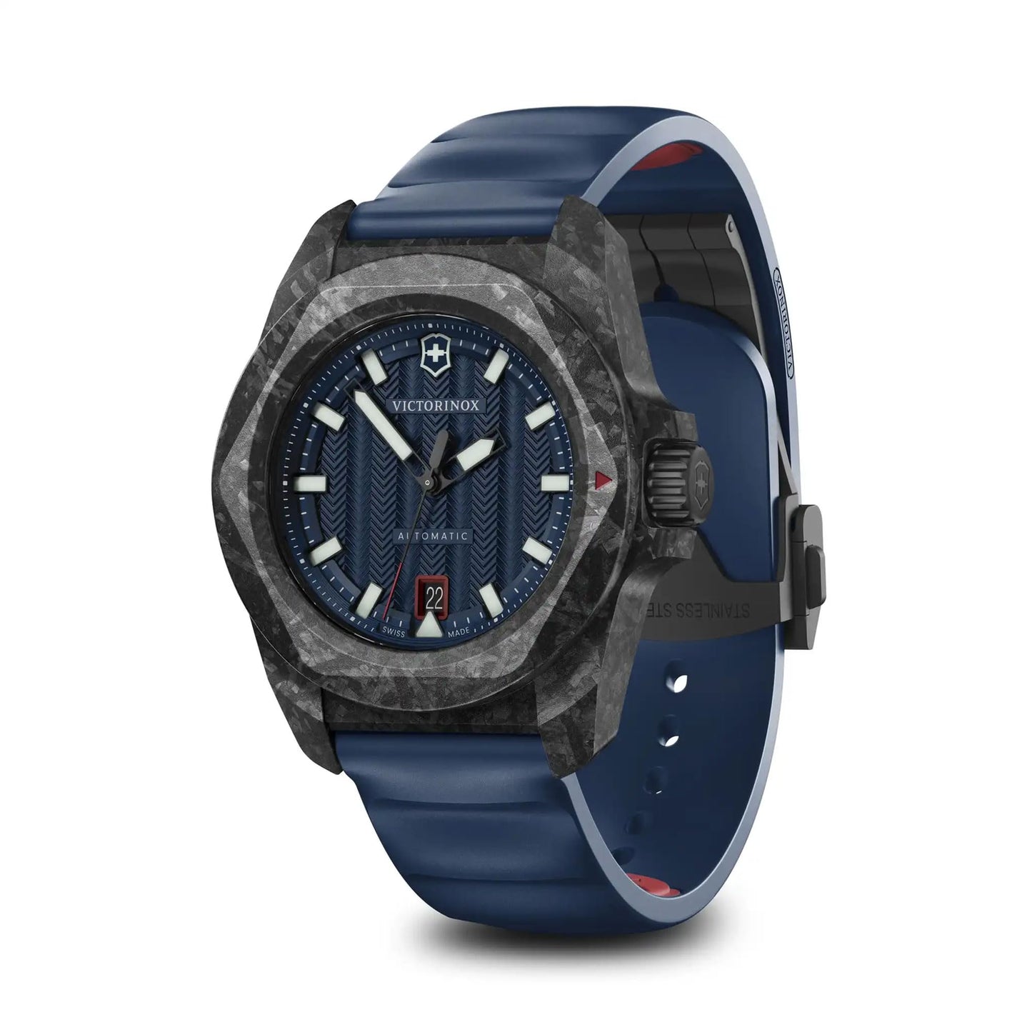 Victorinox I.N.O.X. Automatic, Swiss Made Men's Watch | Carbon Case, Blue Dial, 41 mm, 200M Water Resistant, Blue Rubber Strap, Sellita SW 200-1 Movement | 242022.1