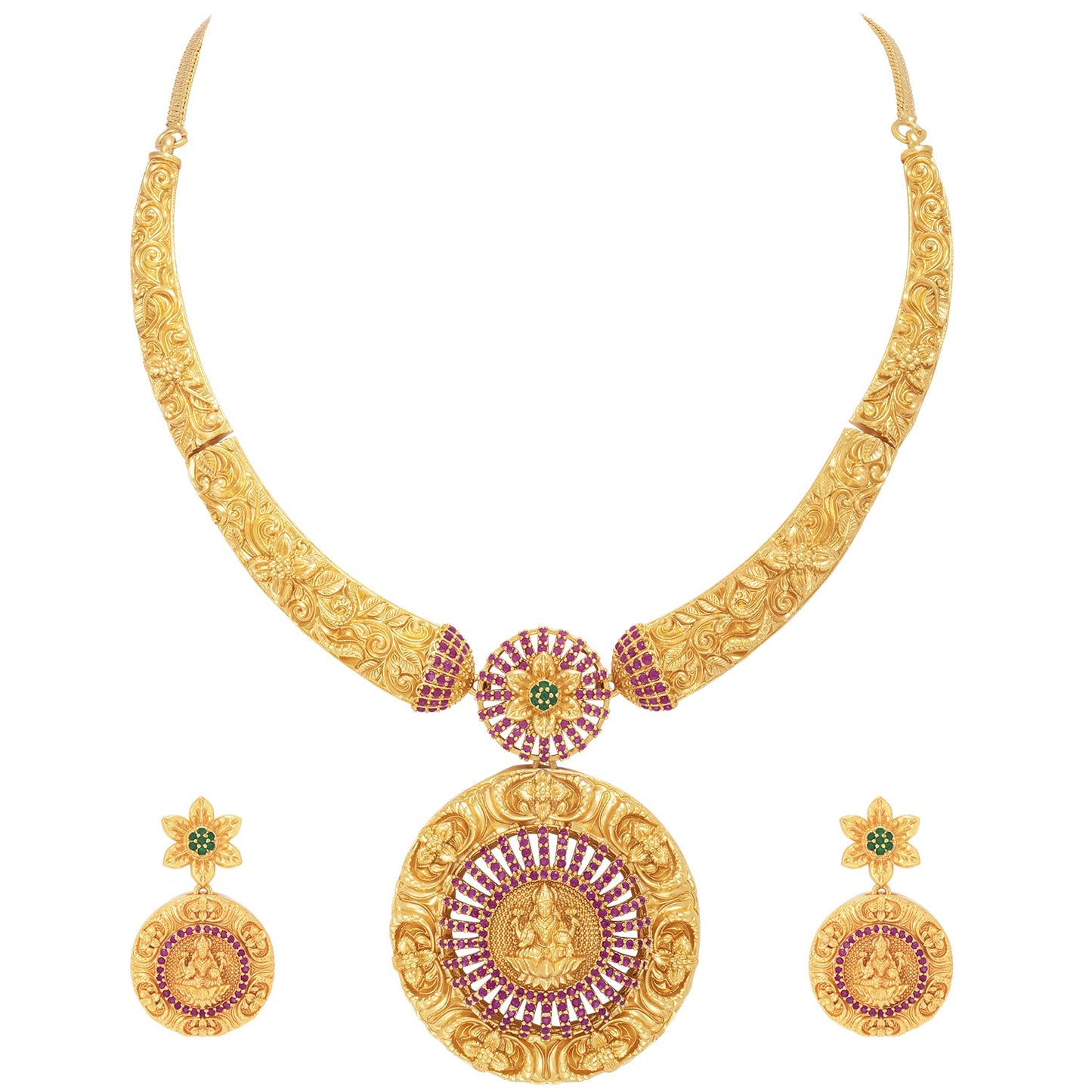 Peora Gold Plated Red Green Goddess Laxmi Stud Pendant Necklace Earring Temple Jewellery Set for Women