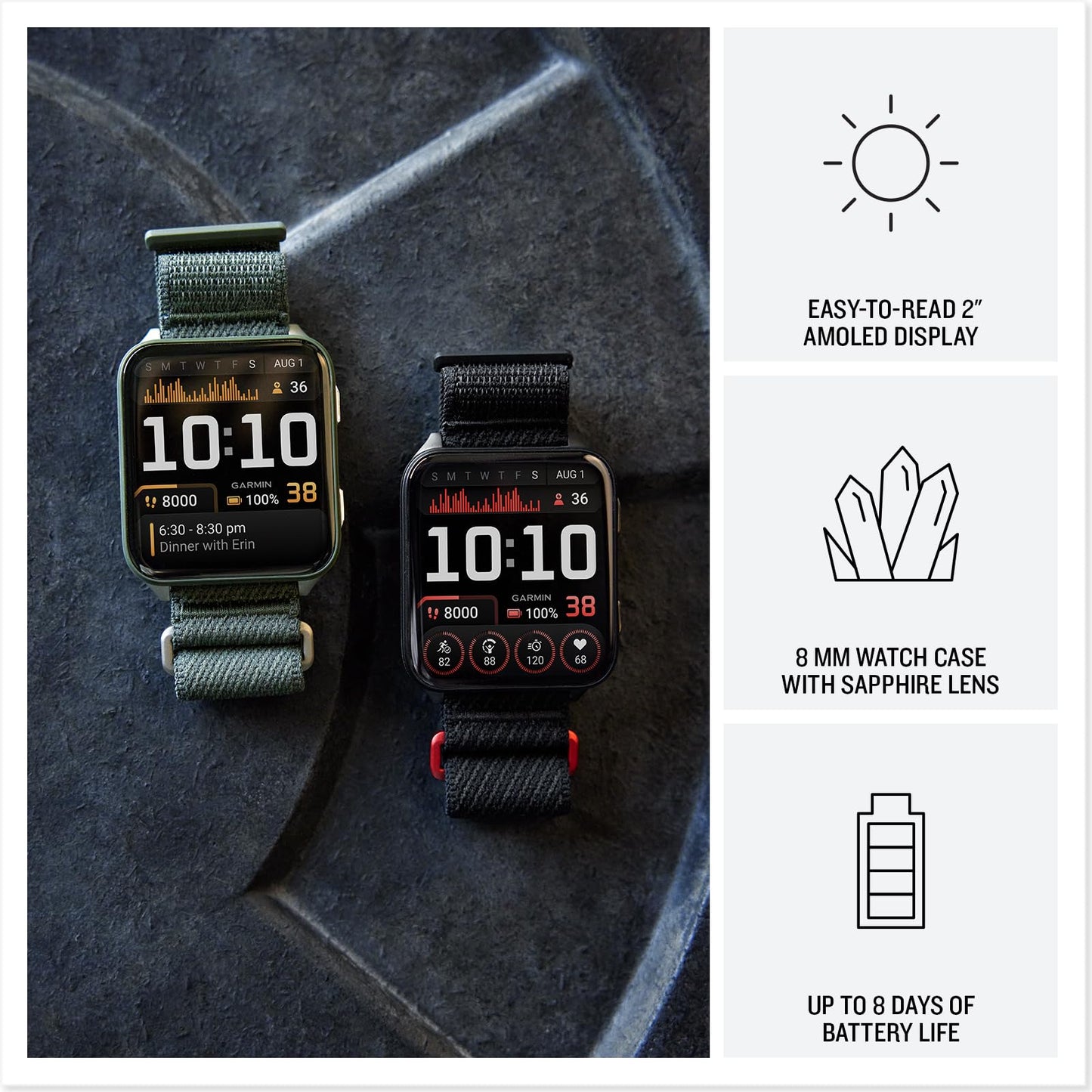 Garmin® Venu® X1, Thin and Lightweight GPS Smartwatch, AMOLED Display, Advanced Health and Fitness Features, Moss with Titanium Caseback and Moss ComfortFit Nylon Band