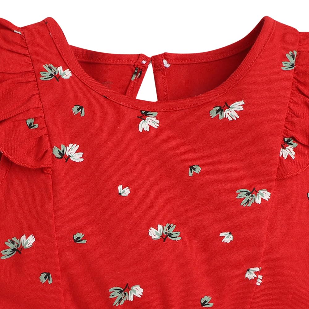 Hopscotch Girls Floral Print Casual Dress In Red Color for Ages 3-4 Years