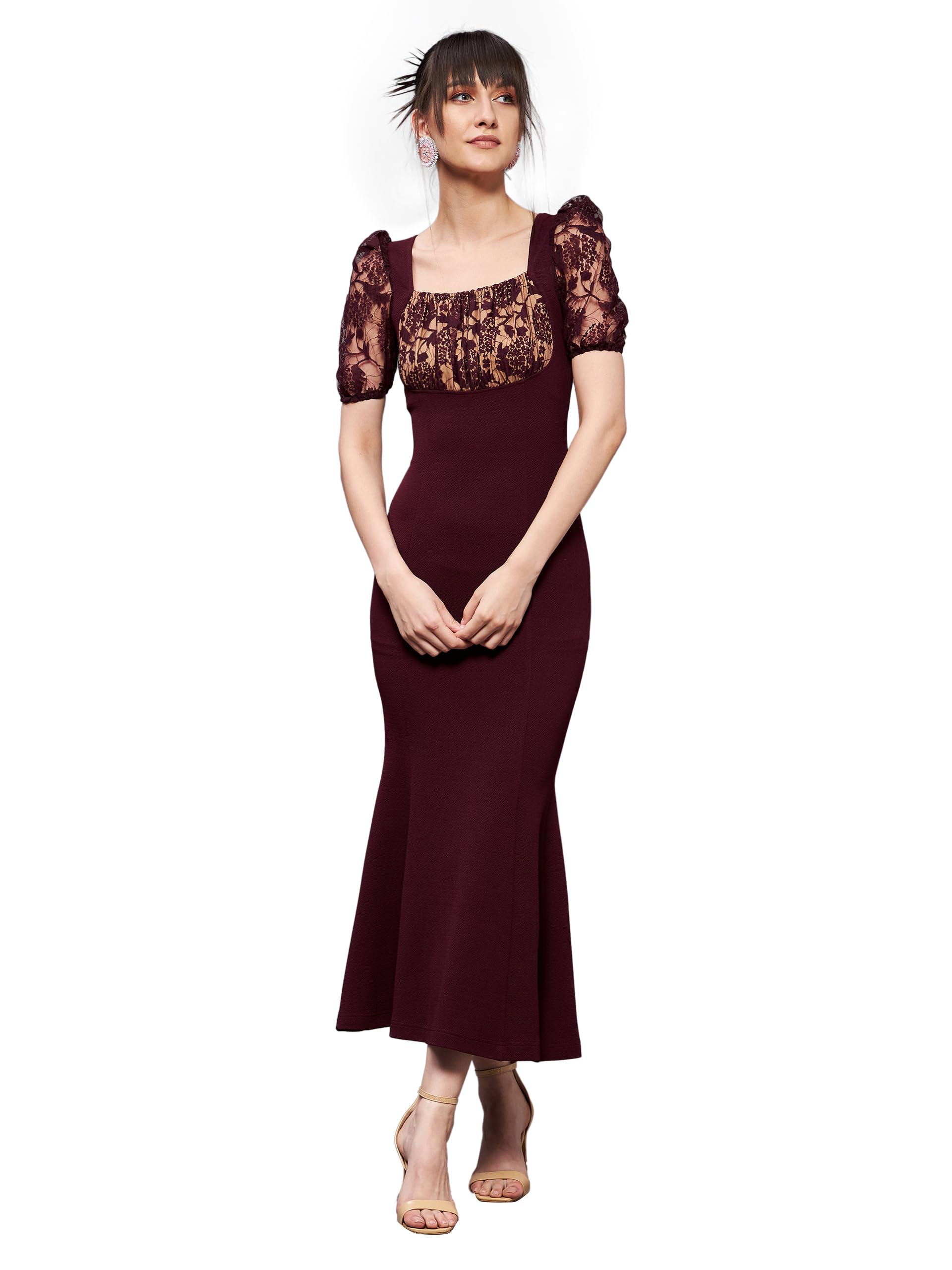 Miss Chase Women's Wine Square Neck Short Puff Sleeve Self Design Lace  Overlaid Bodycon Midi Dress (MCSS22D13-48-184-05, Wine, L)