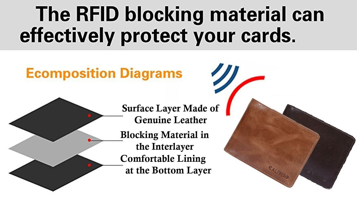 Calfnero Men's Genuine Leather RFID Wallet | Bi-Fold Wallet with Flip-Up ID Window, Multiple Card Slots & Cash Compartments | Premium Leather Wallet for Men