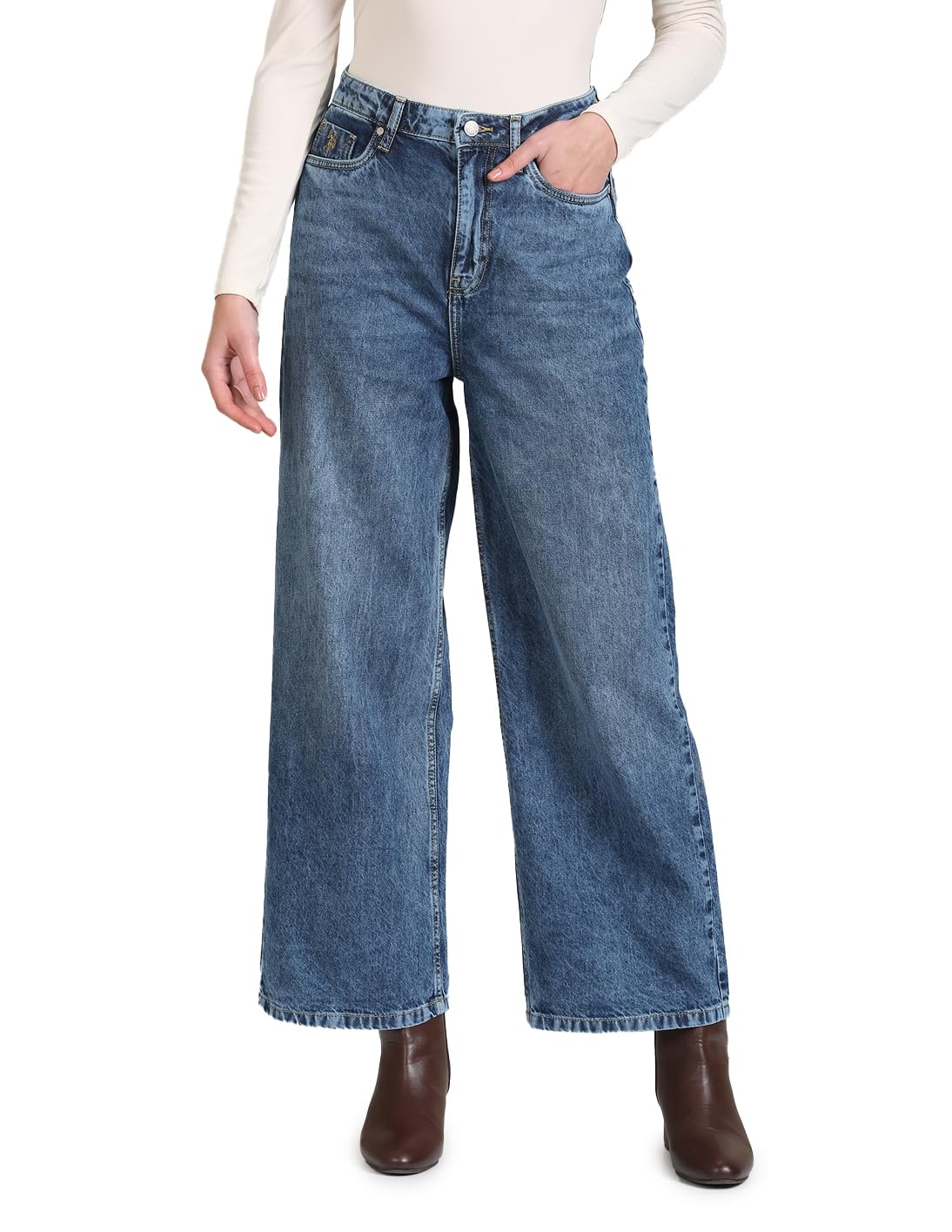 U.S. POLO ASSN. Women's Wide Leg Mid Rise Jeans (UWAW23JN050_Blue_30)