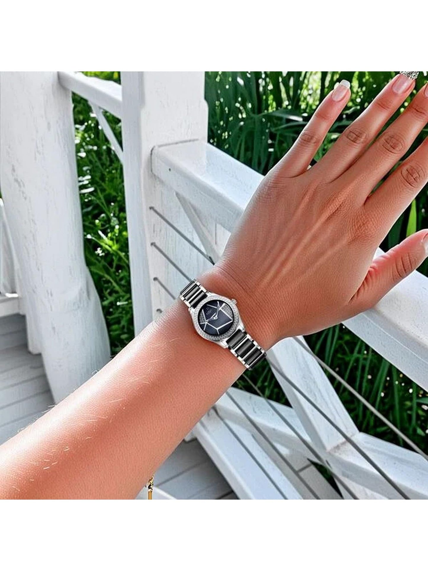 Xylys Shimmer Swiss Analog Blue Dial Two Toned Silver Steel & Black Ceramic Strap Watch for Women - 9766SD02E