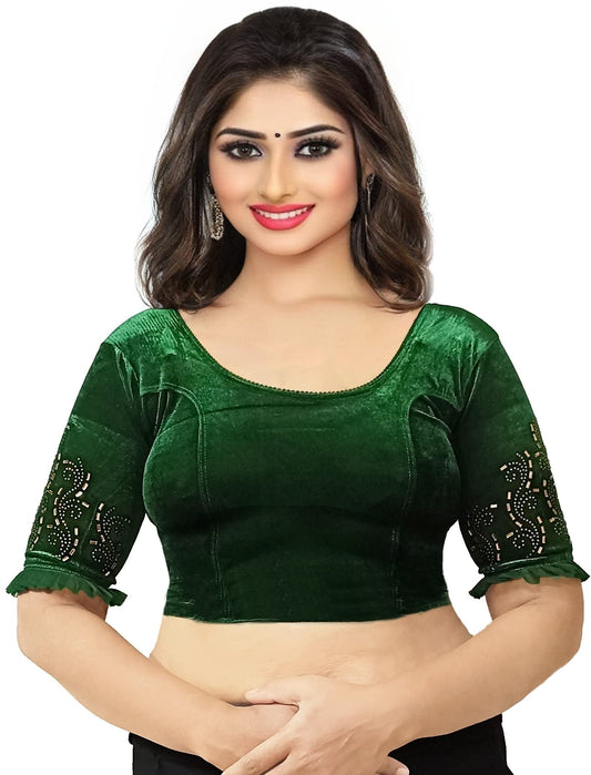 PU Fashion Women's Velvet Self Design Half Sleeve Blouse (PU-BLS-551-Green-32-A_Green_32)