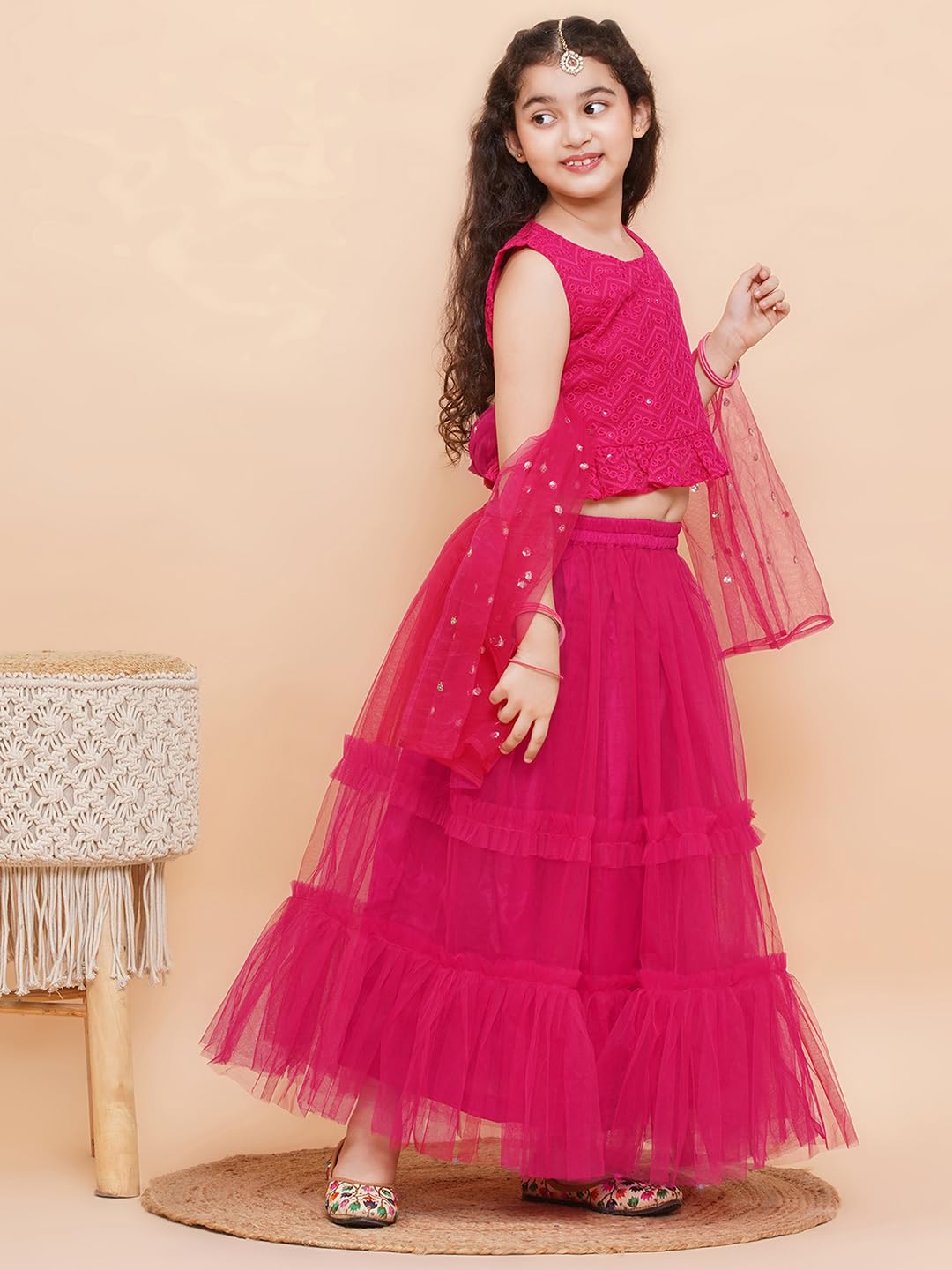AJ DEZINES Kids Ethnic Wear Chiffli Chikankari Printed Dark Pink Lehenga Ghagra Choli Set For Girls (G-LH08-DARKPINK-30)