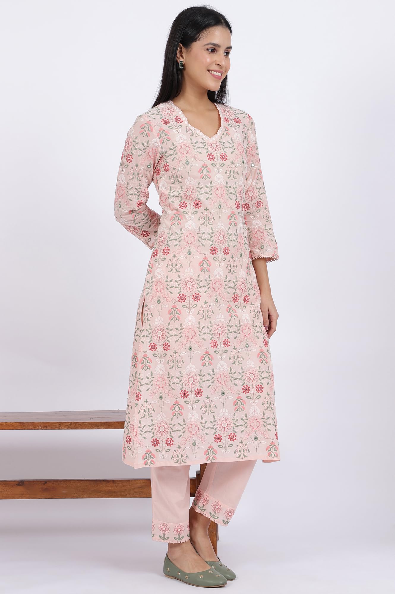 W for Woman Embroidered Lace Pure Cotton Straight Kurta & Straight pant with Dupatta Set (Size: M)-WS12421-400788
