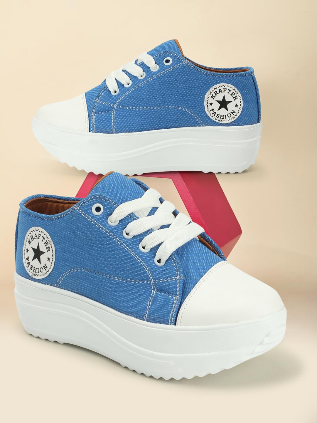 KRAFTER Chunky Denim Sneakers for Women & Girls – Sky Blue Casual Walking Shoes Comfortable Fit Trendy Everyday Wear – UK 6 – Model HP-1330-39