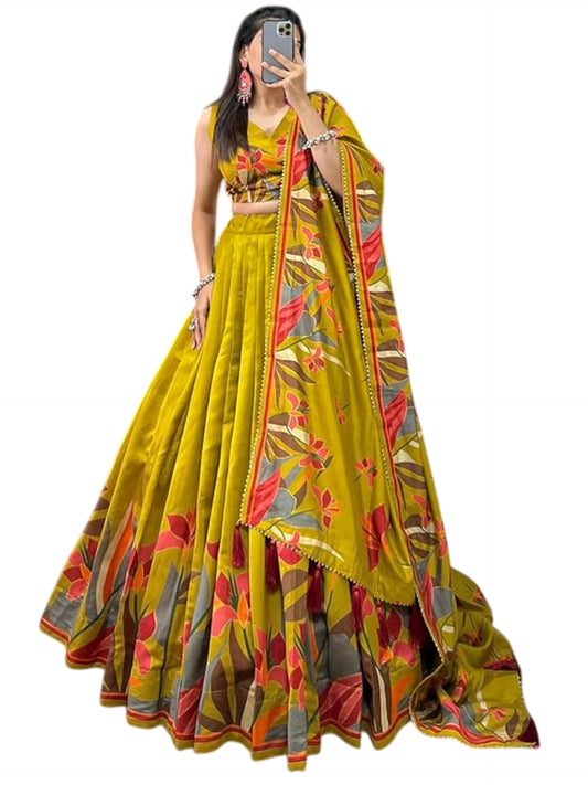 Snazzy Stitch Women's Collection Dolla Silk Lehenga Choli Print with Foil Work With Unstitched Blouse (Yellow)