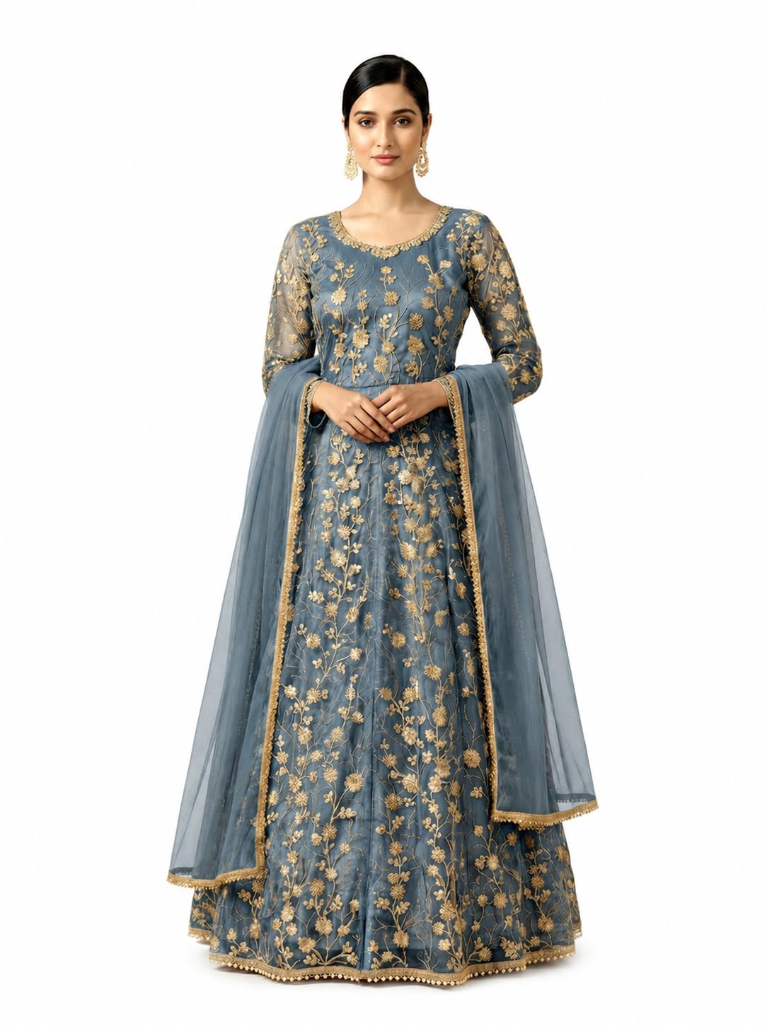 RUDRAPRAYAG Net And Santoon Embroidered Semi Stitched Ankle Length Anarkali Gown For Women