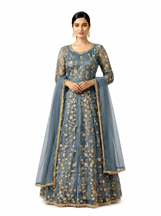 RUDRAPRAYAG Net And Santoon Embroidered Semi Stitched Ankle Length Anarkali Gown For Women