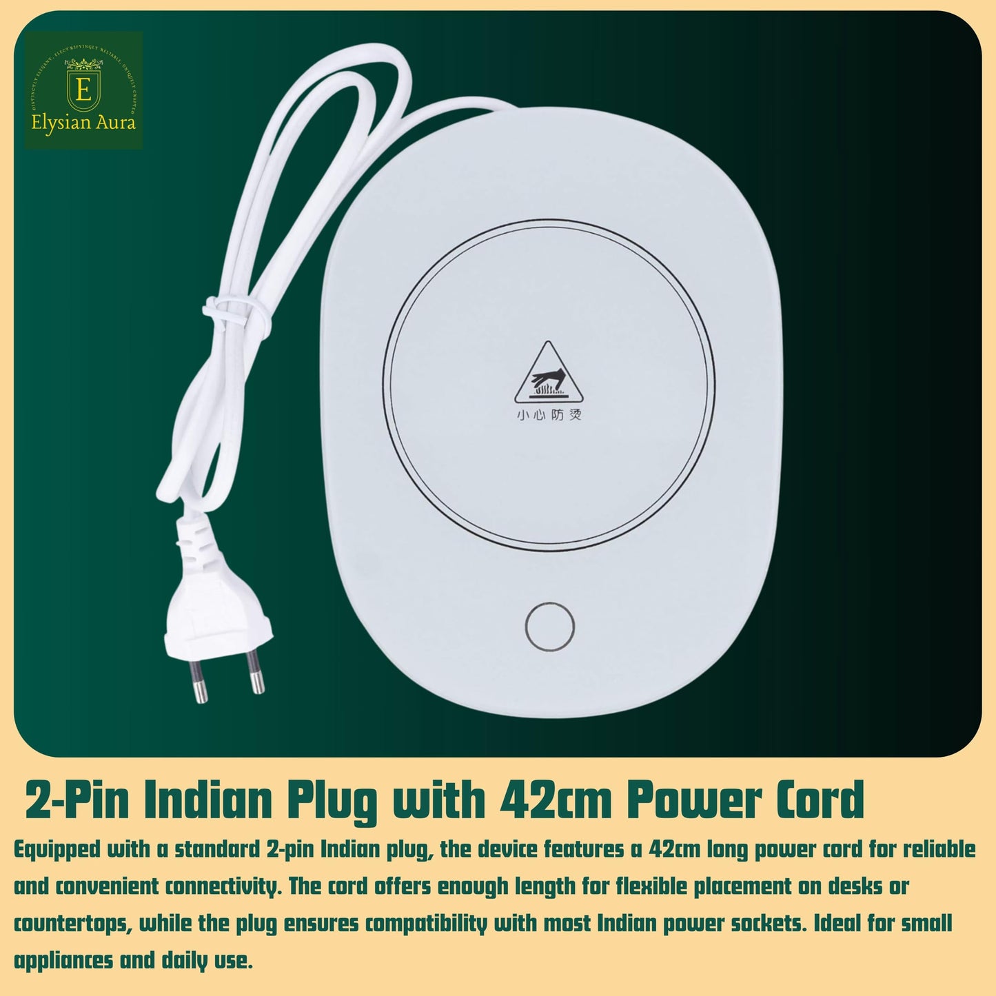 Elysian Aura Black Electric Coffee Mug Warmer Plate with Auto Shut Off Function || Best for Gifting 42cm Cord, 2-Pin Indian Plug || Electric Cup Warmer Maintains 55°C.