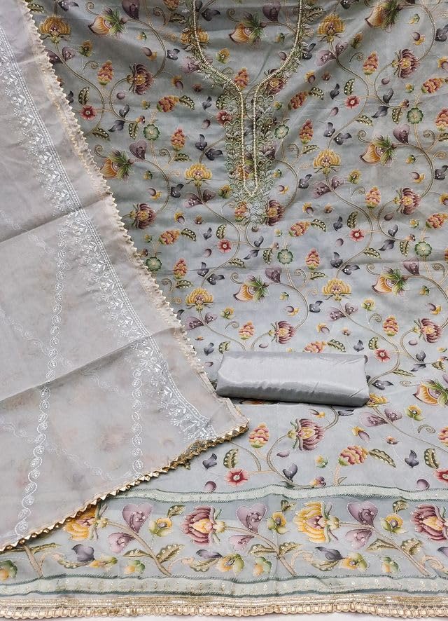 VARNI FABRICS Organza Dress Material for Women Floral Unstitched Woman Salwar Suit Dress Material With Organza Dupatta Pastel Pink