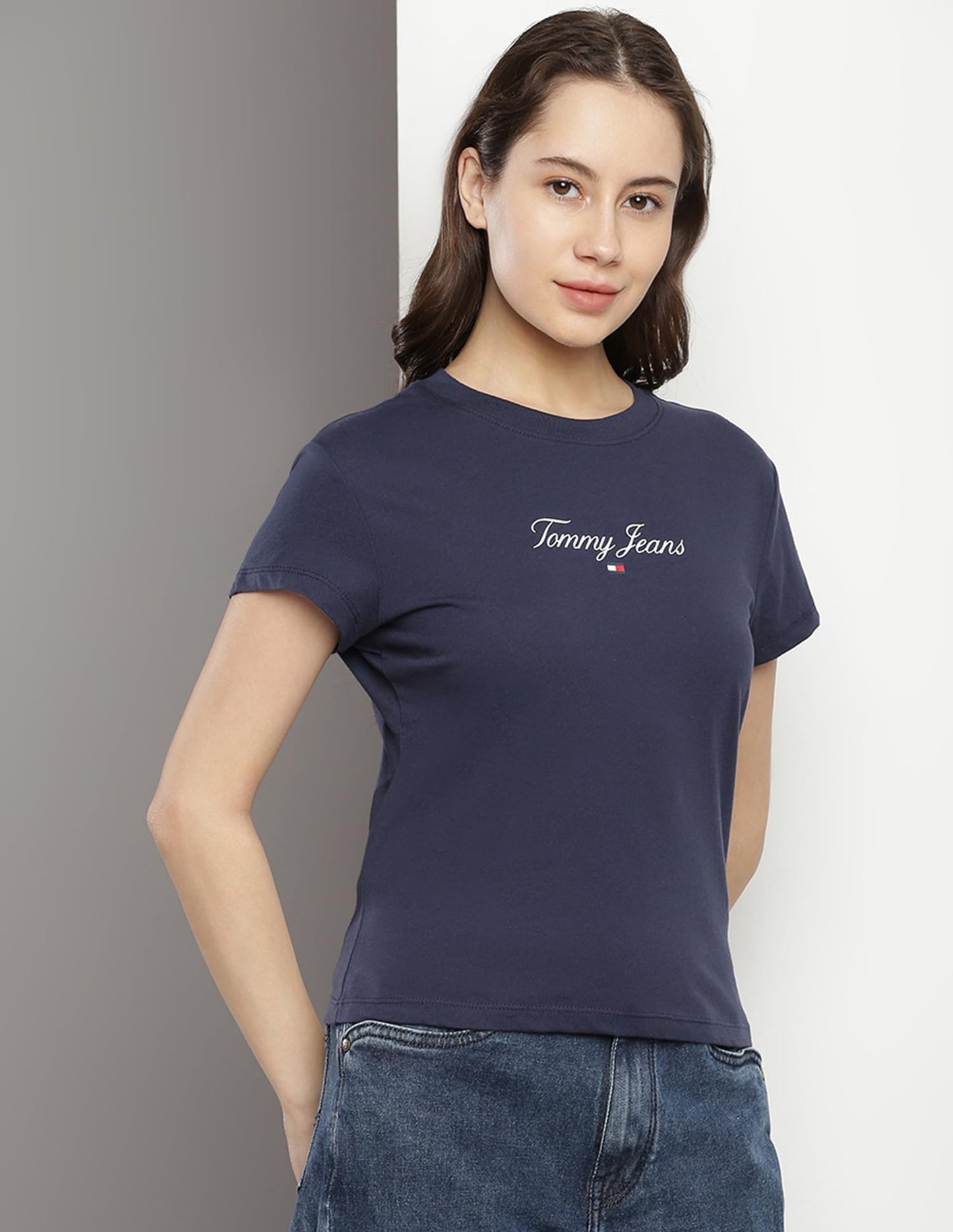 Tommy Hilfiger Blue Cotton Printed Round Neck Short Sleeves Slim Fit Women T-Shirt (F23JWKT056) Size-XXS