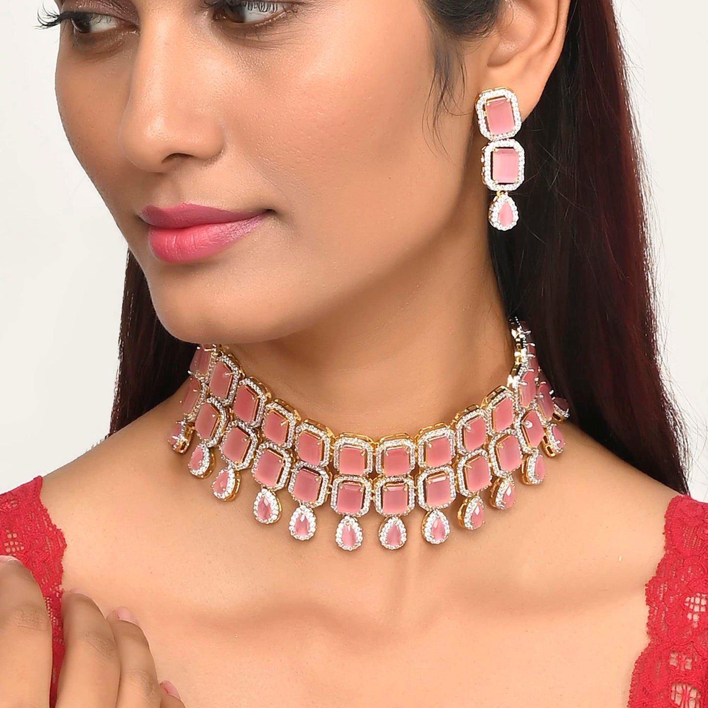 VOYLLA VoyllaSparkling Elegance Opulent Emerald Cut Zircons Gold Plated Jewellery Set