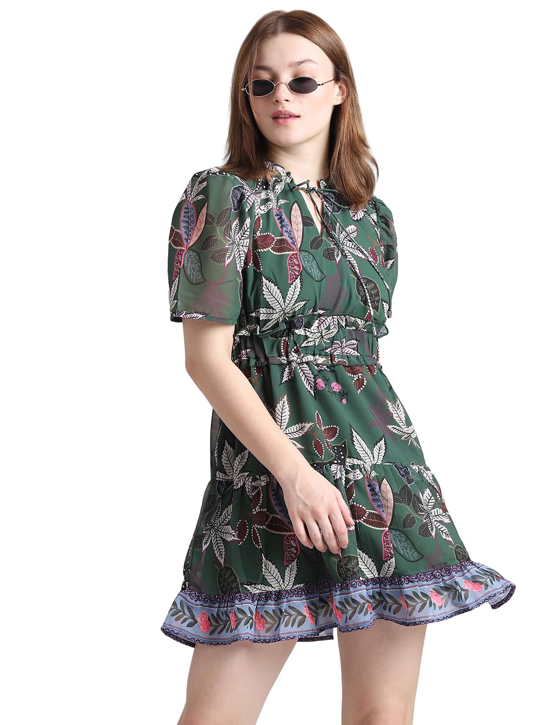 ONLY Women's Polyester Empire Waist Above The Knee Dress (15322942-Greener Pastures_Greener