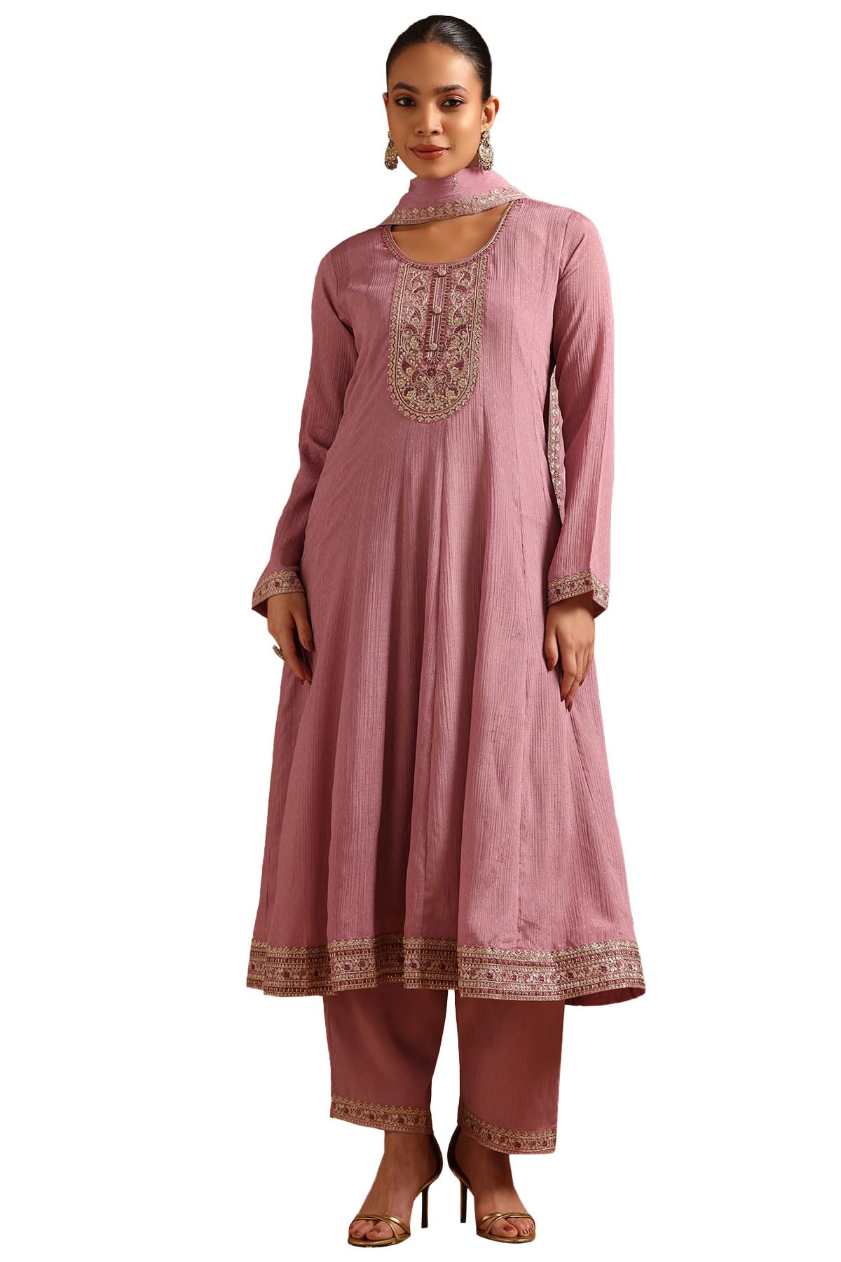 Soch Womens Pink Chinon Floral Salwar Suit With Zari
