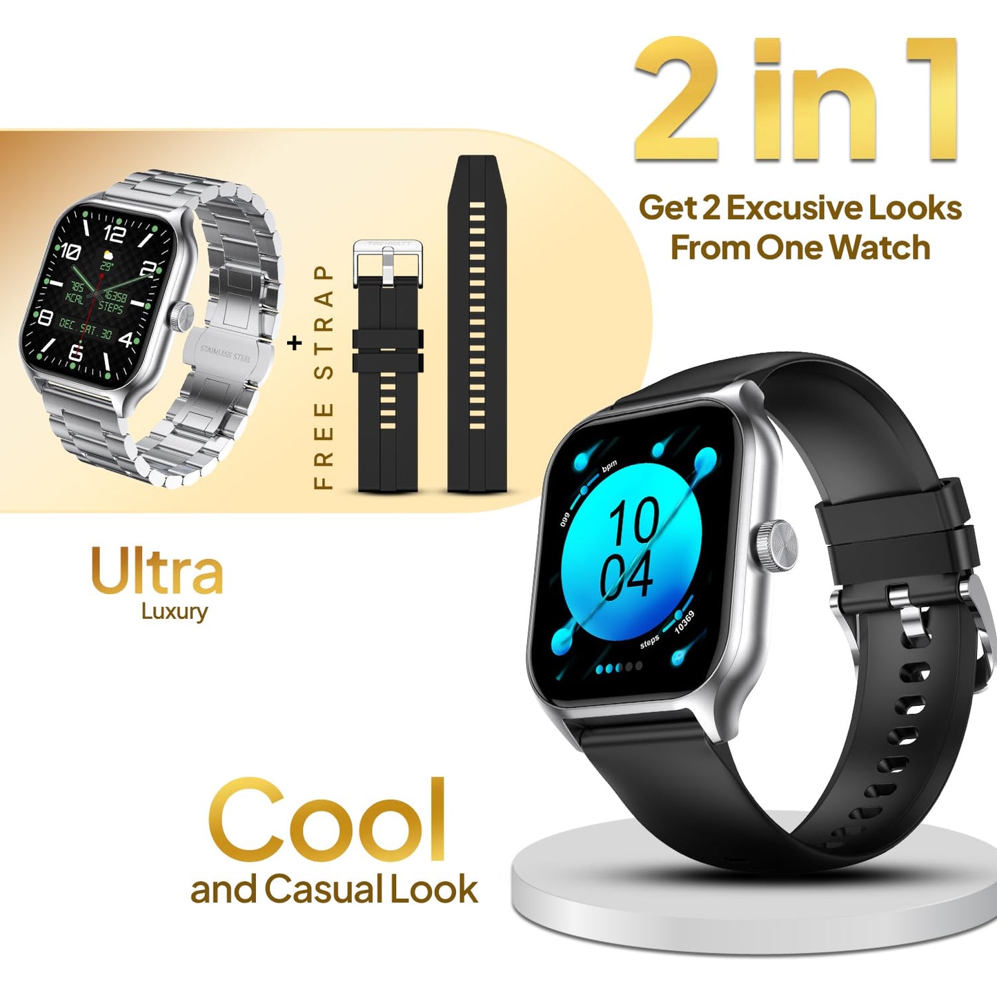 Fire-Boltt Solaris Stainless Steel Smartwatch with Free Silicone Strap, 1.78” AMOLED Always-on Display with 368 * 448 px Resolution, IP68 Water-Resistant, 2 Watches in 1 Smartwatch (Silver)