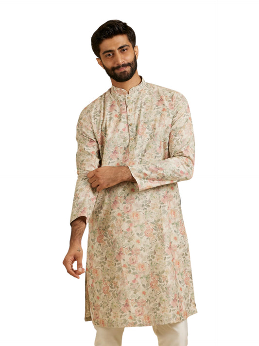 Manyavar Men's Cotton Blend Floral Print Regular Long Kurta (Peach,XL)
