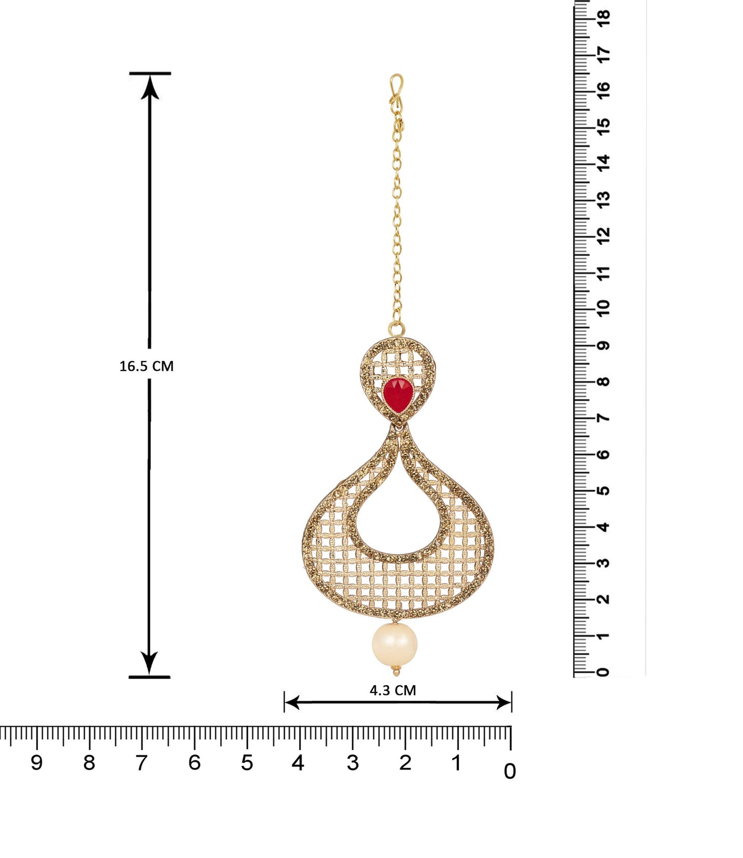 JFL - Jewellery for Less Gold Plated Jali Pattern Stone and LCD Diamond Studded Maang Tikka with Dangler Earrings for Women and Girls (Red),Valentine