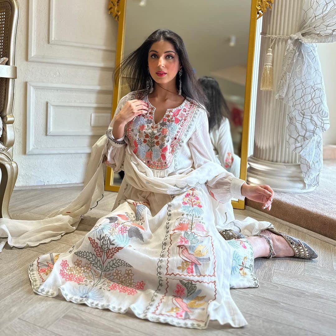 YAZU Women's Georgette Hand Embroidered White Kurta Set with Dupatta | Readymade Kurta with Palazzo Set (Large, White)