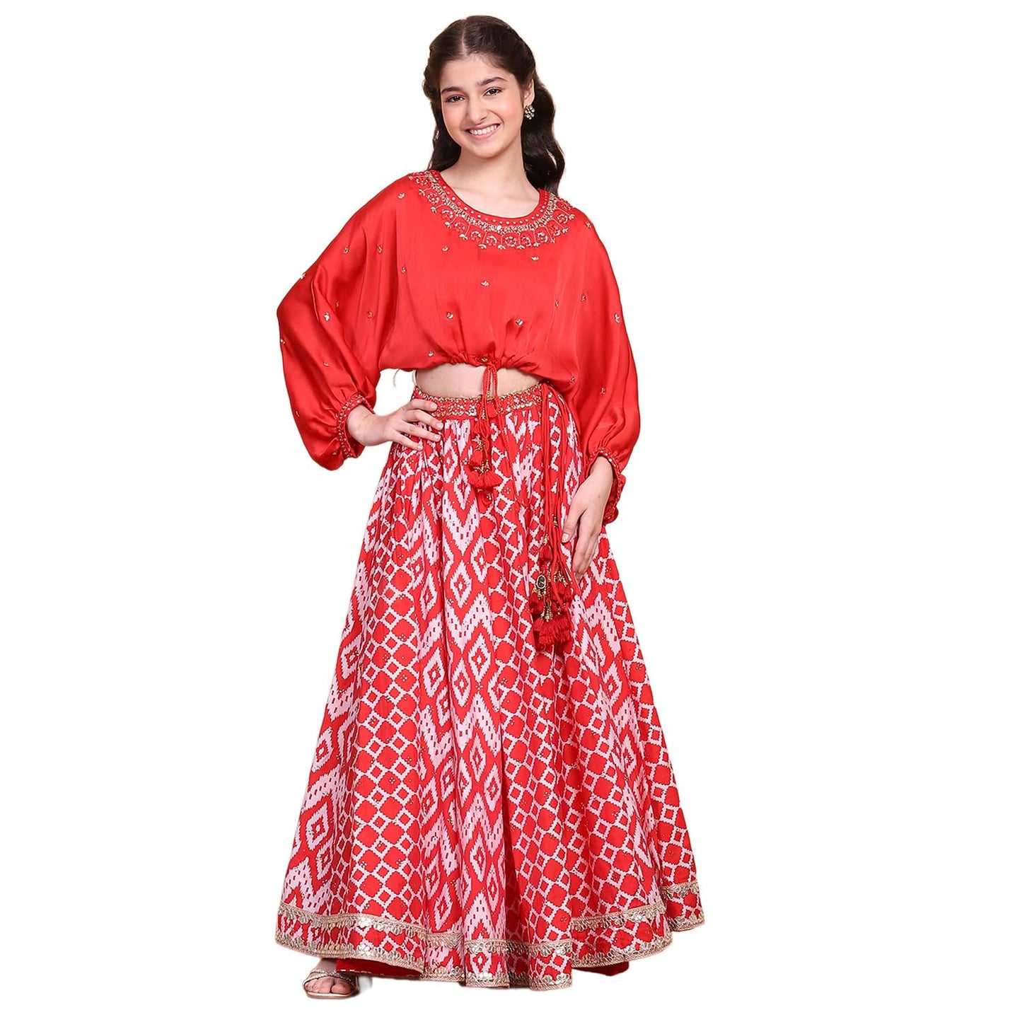 Biba Girl's Polyester Lehenga Set (KWSNKIS6316SS25RED_Red_16-17 Year)