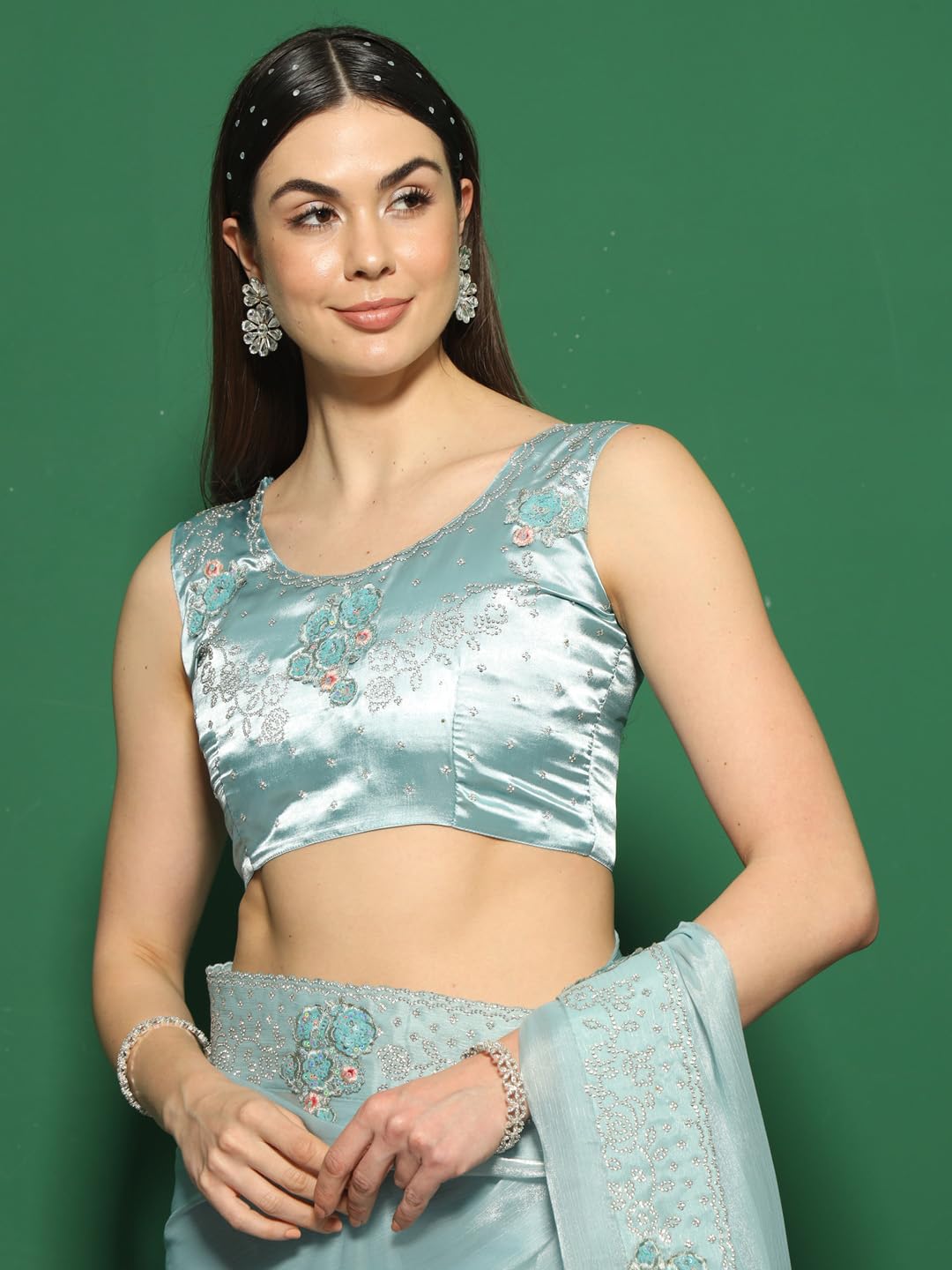 SAREE MALL Women's Organza Solid Saree With Unstitched Blouse Piece(Teal blue_FF0MAHEK737G_MK)