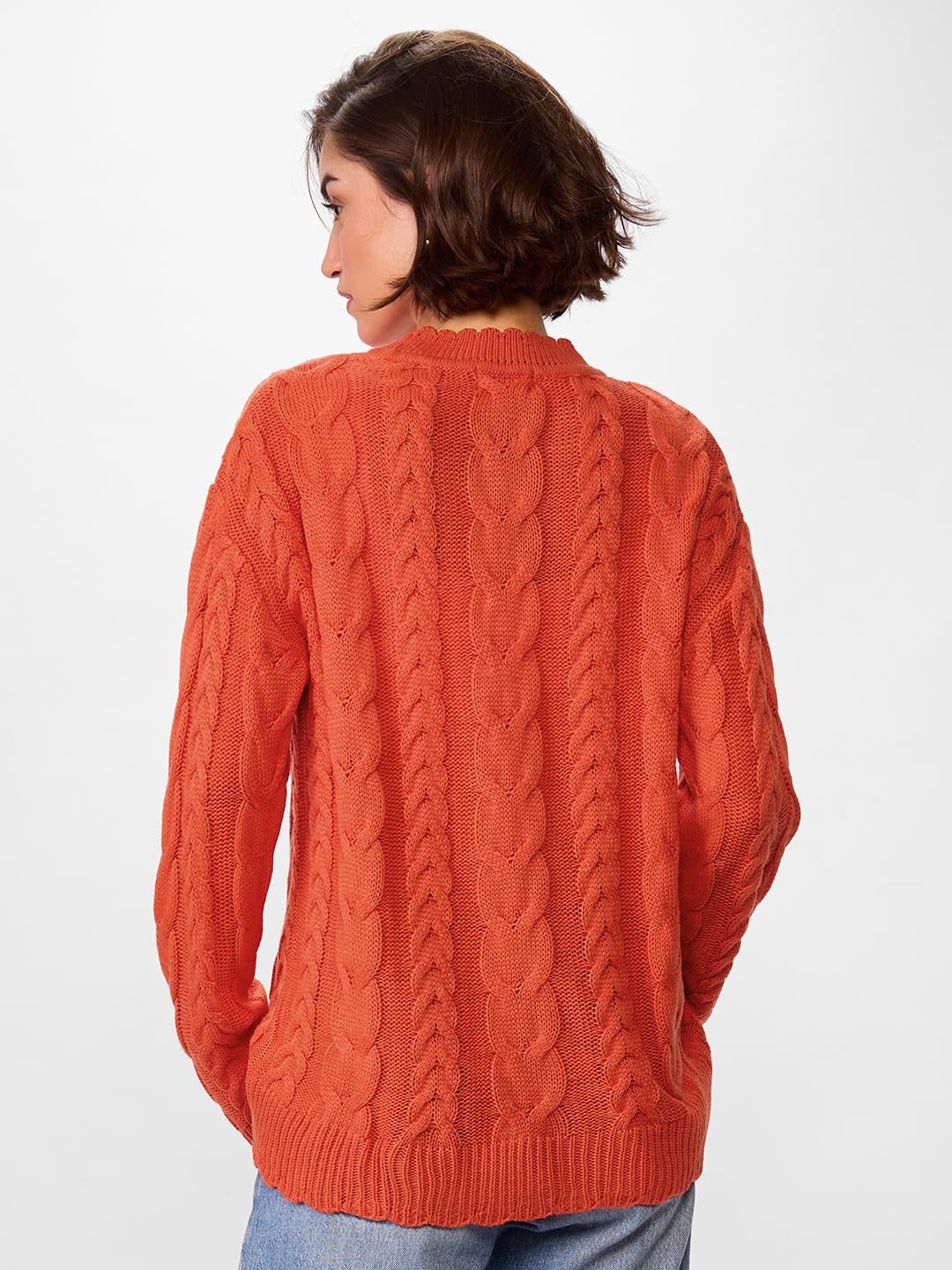 The Souled Store Cable Knit Sweater Originals: Fiery Orange Women Oversized Sweater