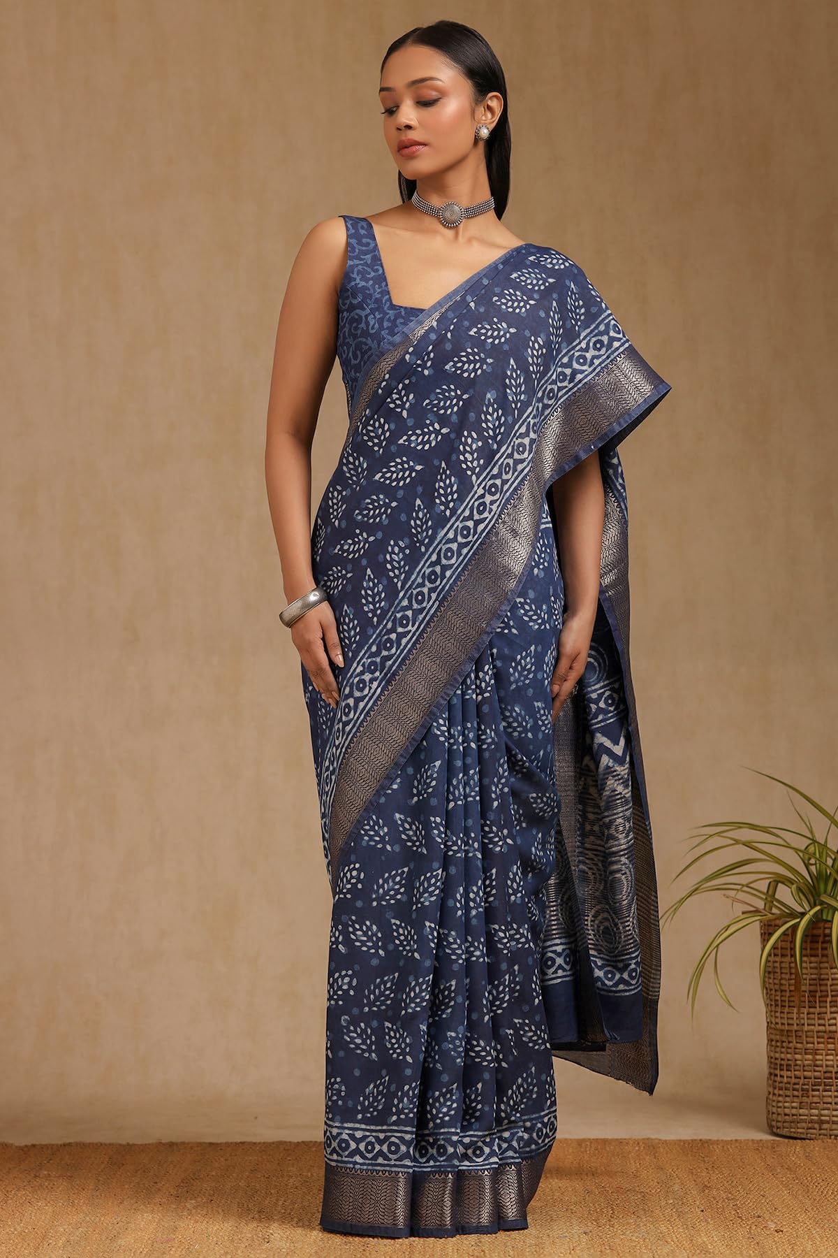 Soch Womens Indigo Viscose Block Print Saree