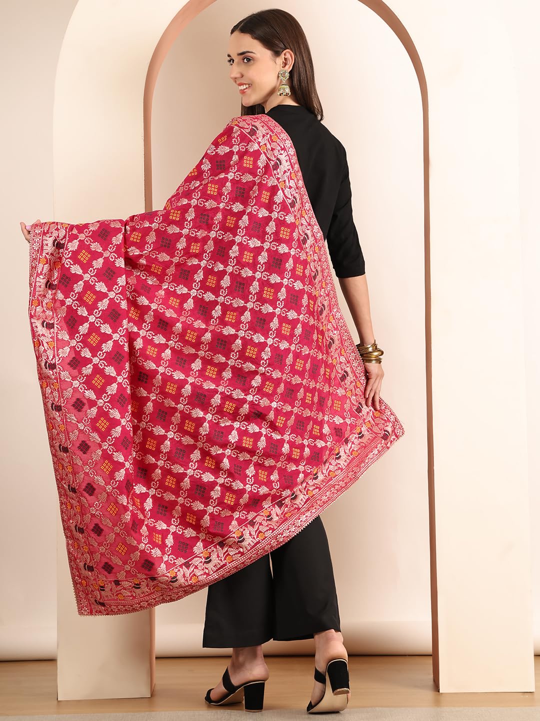 JABAMA Women's Banarasi Silk Bandhej Dupatta | Hand Tie-Dye Traditional Ethnic Dupatta