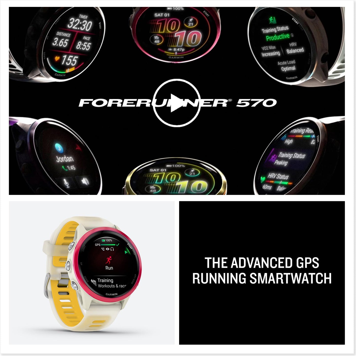 Garmin® Forerunner® 570, 42mm, Advanced GPS Running and Triathlon Smartwatch, AMOLED Display, Training and Recovery Features, Raspberry Aluminum with Translucent Bone/Mango Band
