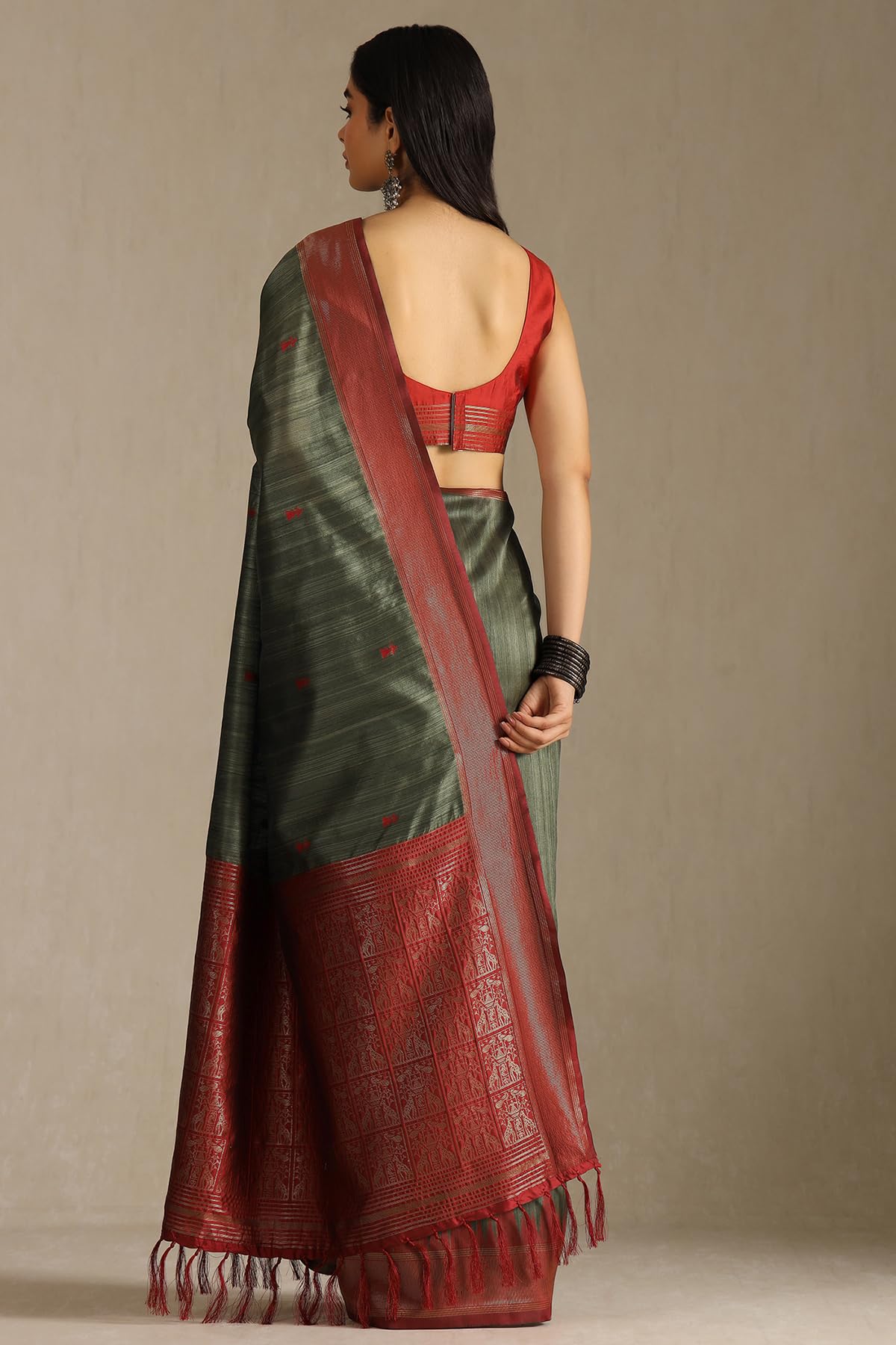 Soch Womens Olive Tussar Woven Design Saree
