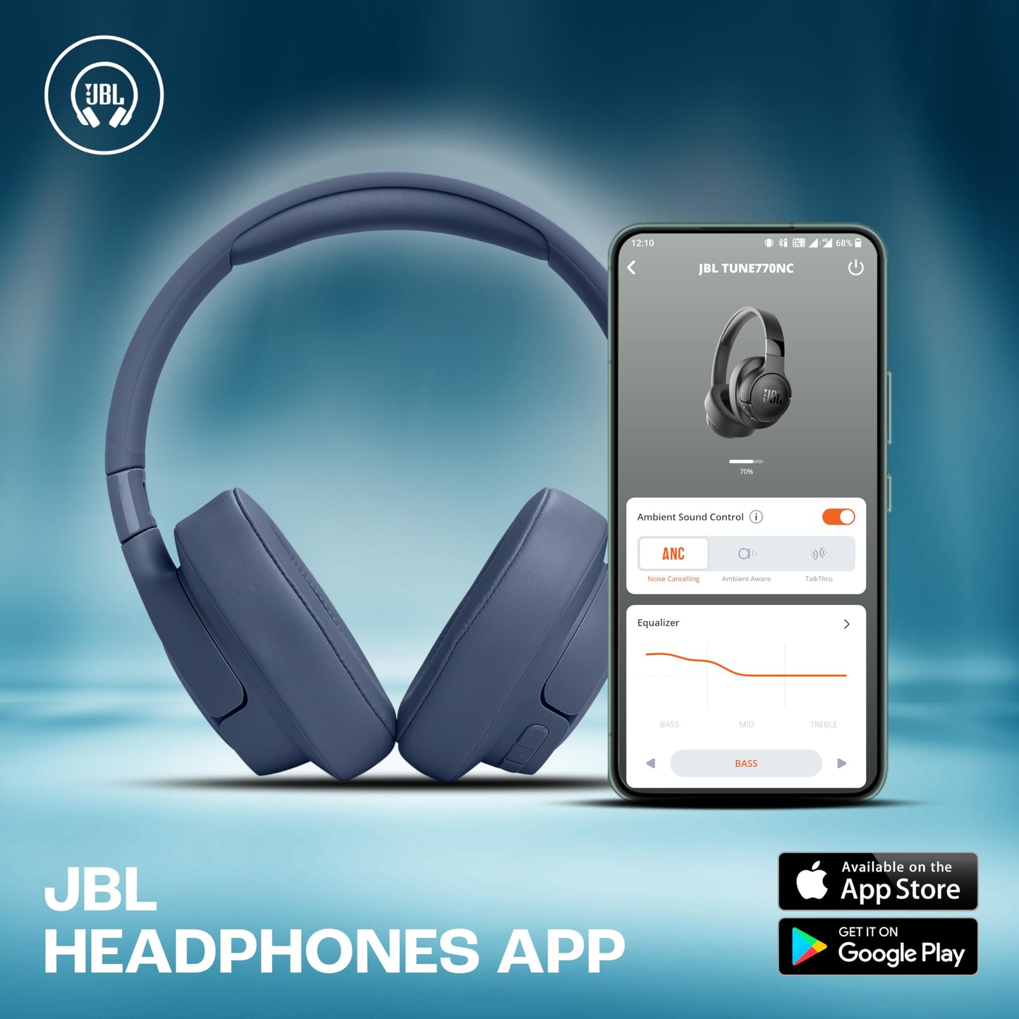 JBL Tune 770NC Wireless Over Ear ANC Headphones with Mic, Upto 70 Hrs Battery, Speed Charge : 5 min Charge Gives up to 3H of Playback, Google Fast Pair, Dual Pairing, BT 5.3 (Blue)
